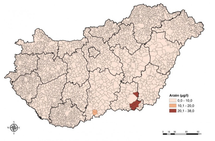 Arzén érintettségű települések földrajzi elhelyezkedése, 2021. Forrás: NNK