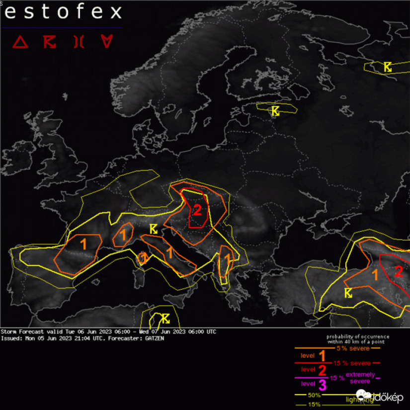 Az ESTOFEX előrejelzési vihartérképe