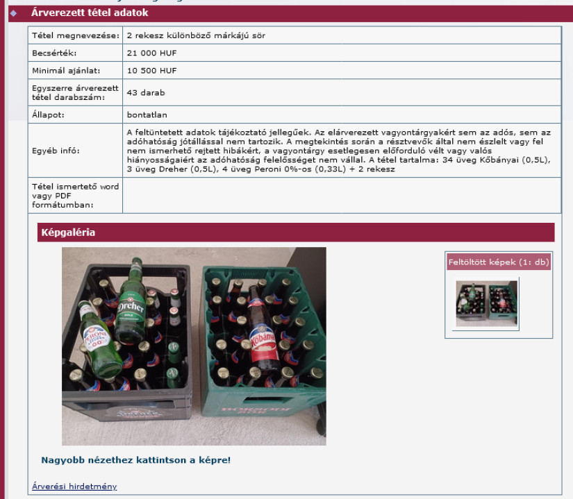 43 üveg sörre lehet licitálni a NAV oldalán. Fotó: arveres.nav.gov.hu.
