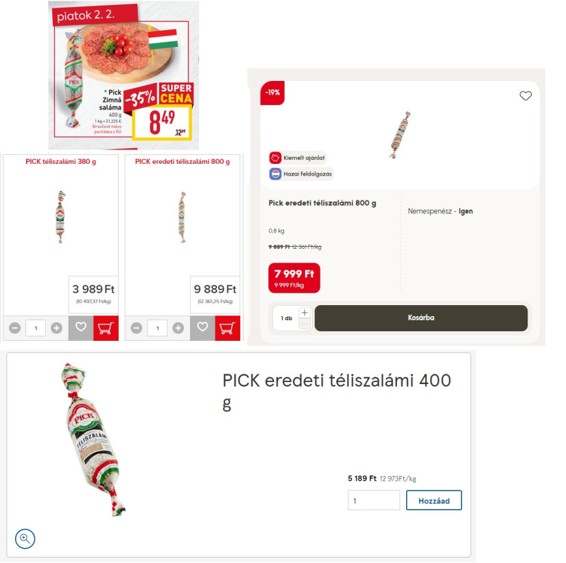 Pick téliszalámi ára a szlovák Billában, illetve magyarországi Sparban, Tescóban, Auchanban