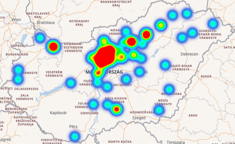 A magyarországi autófeltörések hőtérképe. Forrás: police.hu