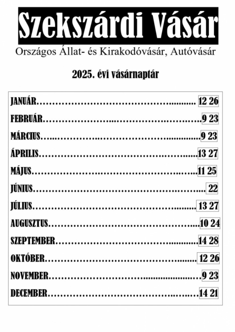 szekszárdi vásár dátum naptár időpont 2025