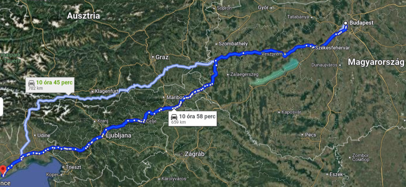 A díjmentes útvonal Olaszországba. Forrás: Google Maps