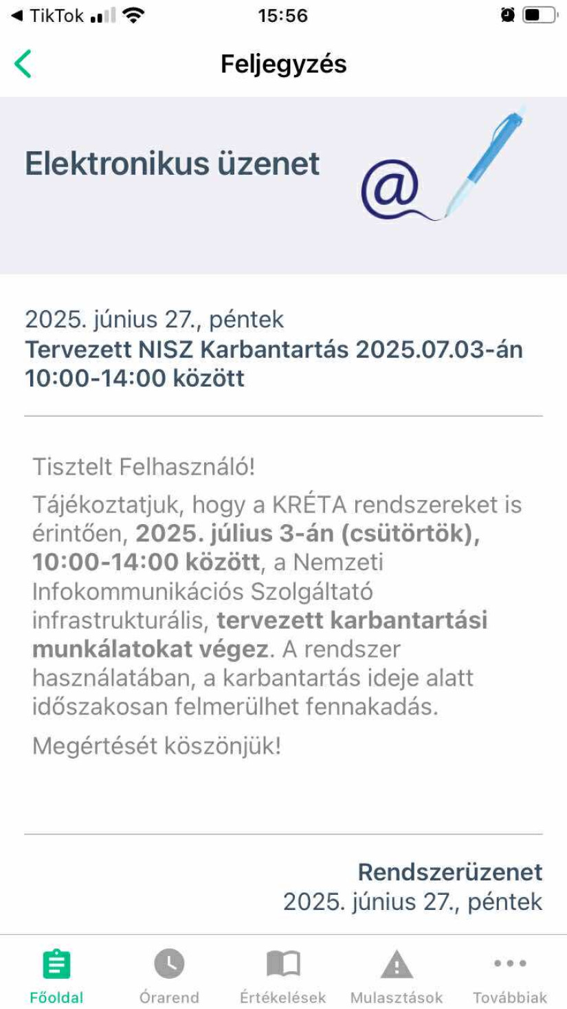Tájékoztatás a karbantartásról a KRÉTA rendszerben.