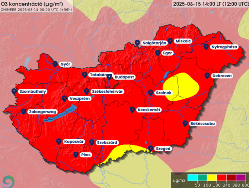 Ózonkoncentráció-előrejelzés a pénteki napon. Forrás: www.aeffect.hu