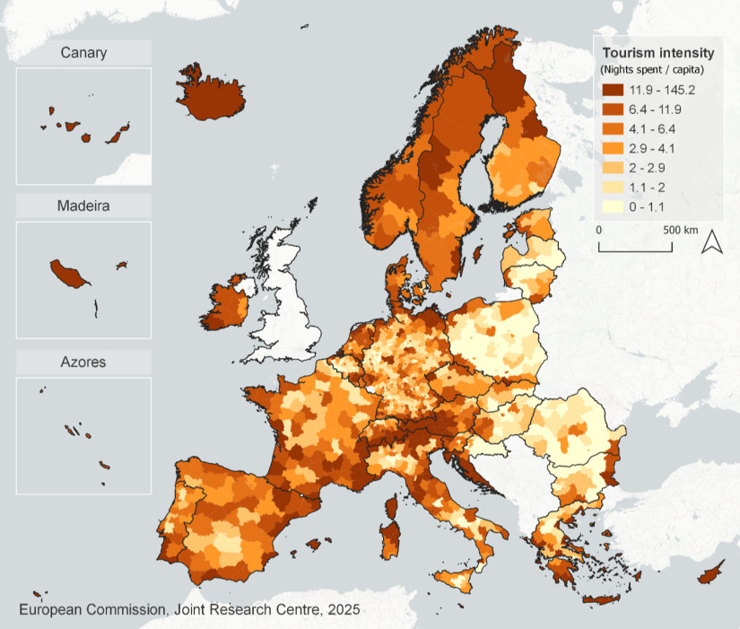 A térkép a turizmus intenzitását mutatja szubregionális szinten.