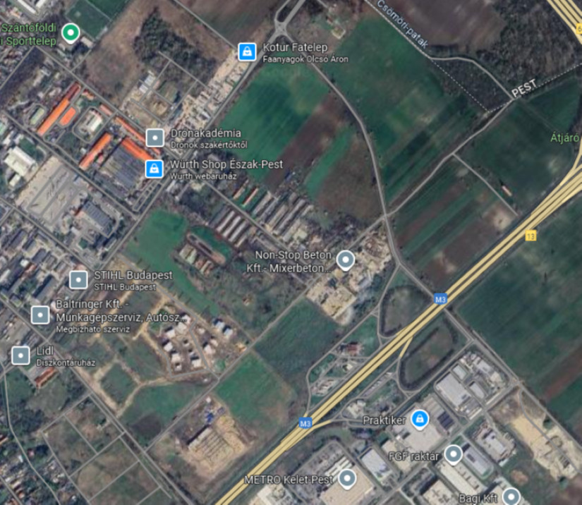 Az autópálya és a Külső fóti út között épül a XV. kerület új városrésze. Forrás: Google Maps