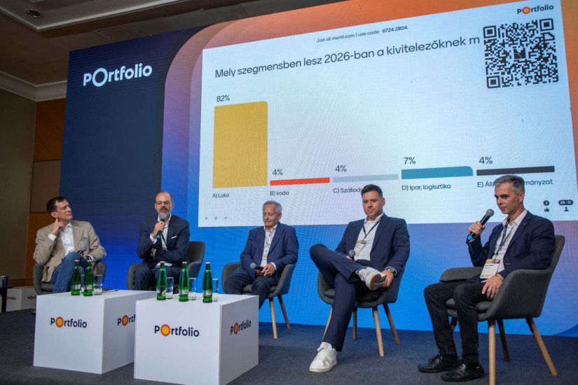 Dr. Reith András PhD, a Pécsi Tudományegyetem tudományos főmunkatársa és az ABUD CEO-ja, Massányi Tibor, a DVM Group ügyvezető partnere, Koji László, az ÉVOSZ elnöke, Ábrahám András, a Skanska Magyarország projekt igazgatója és  Kiss Gábor, a Metrodom Kivitelező ügyvezető igazgatója és az IFK alelnöke a  Portfolio Property Investment Forum 2025 konferencián 2025. szeptember 23-án.