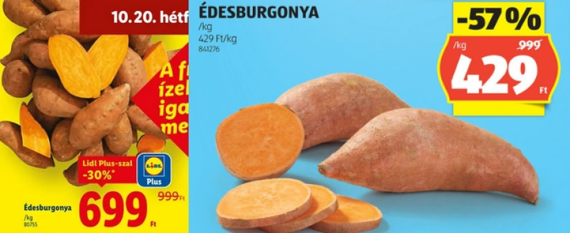 Édesburgonya akció indul a magyar diszkontokban: a 2025.10.16-tól érvényes akciós újságok alapján az Aldi nyerte ezt a csatát.