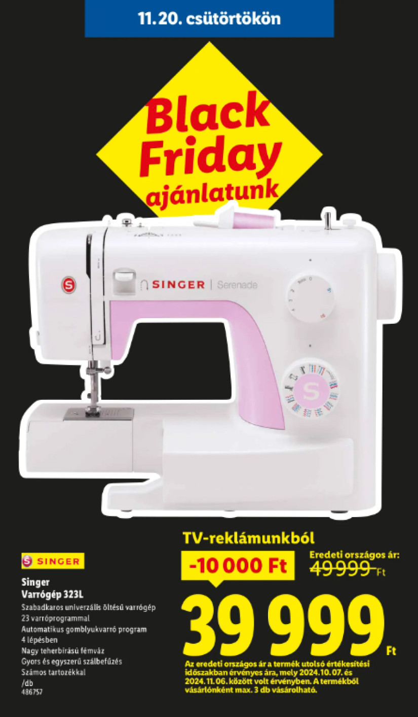 Forrás: Lidl akciós újság; Singer varrógép 323L, 3999 Ft.