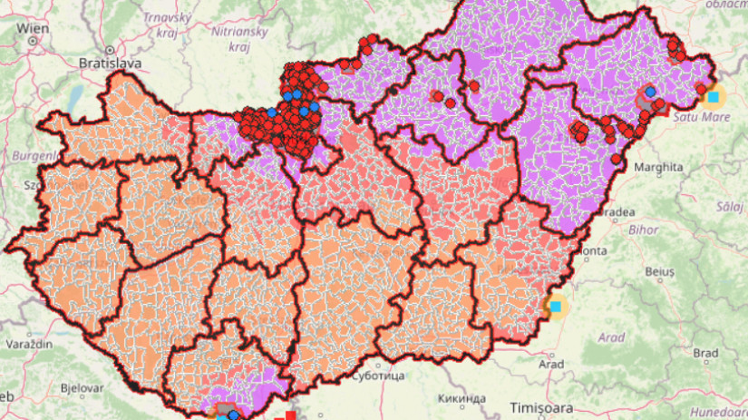 A Nébih interaktív térképe - a lila színű rész az afrikai sertéspestissel fertőzött terület
