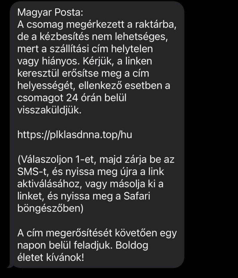 Csaló SMS a Magyar Posta nevében.