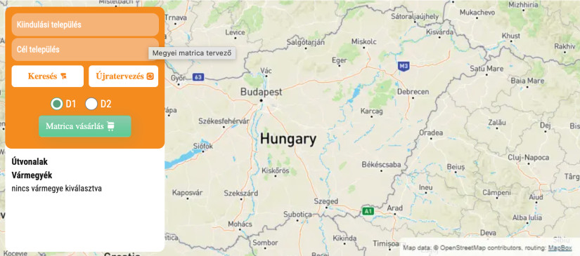 Vármegyei-matrica térképes tervező és kalkulátor 2026 (Forrás: autopalyamatrica.hu)