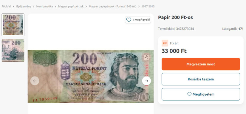 Régi, papír 200 forintos a Vaterán. (Forrás: Vatera)