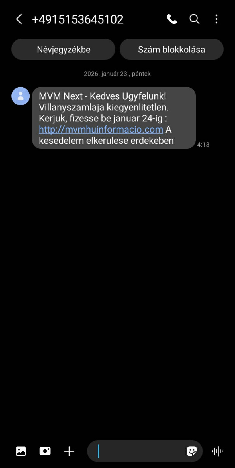 Csaló SMS az MVM nevében