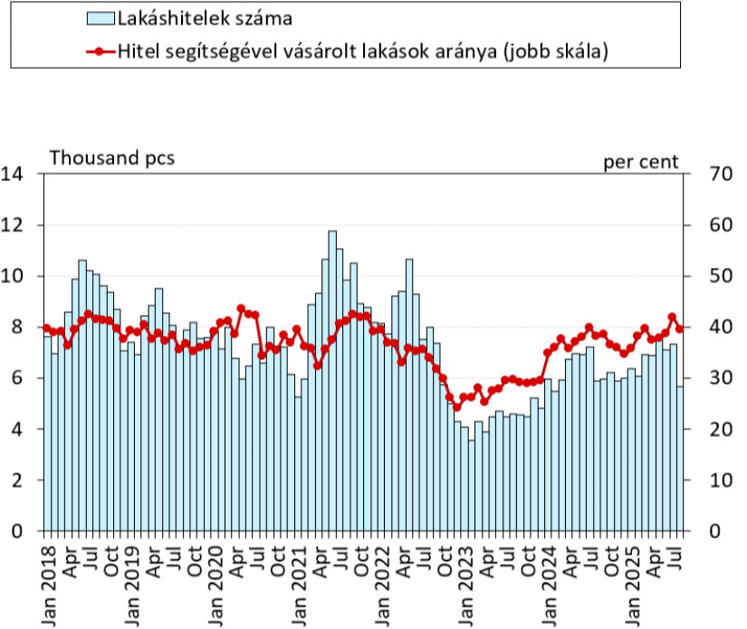Piros vonallal a hitel segítségével vásárolt lakások aránya látható / Forrás: MNB