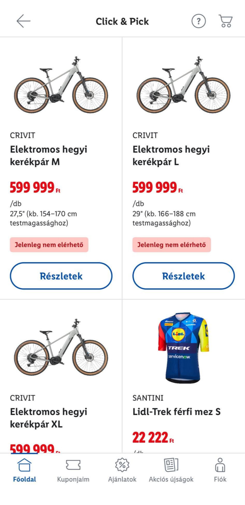 A Lidl elektromos kerékpárjai. Forrás: Lidl Plus alkalmazás