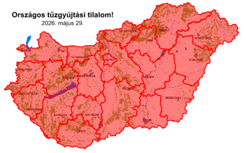 Az OKF térképe arról, hol van jelenleg Tűzgyújtási tilalom. Éppen péntek délután rendelt el egész országra kiterjedő tiltalmat a hatóság. Fotó: OKF