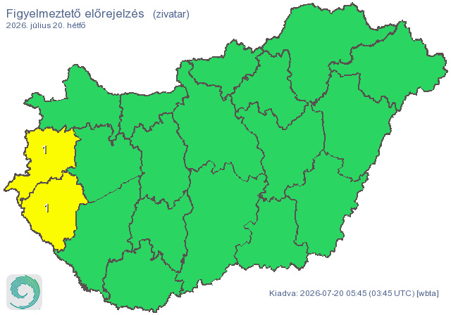 A hétfői riasztás-térkép. Forrás: HungaroMet.