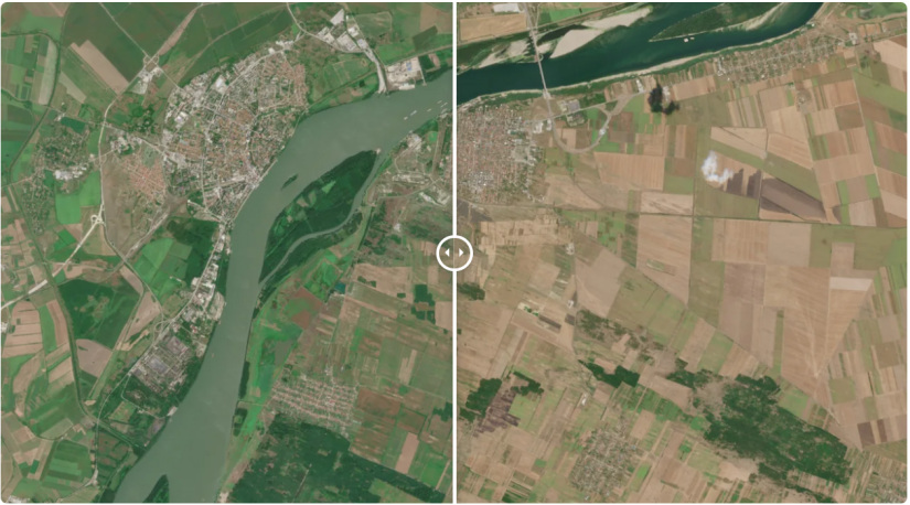 A kiszáradt Duna-meder Vidinben, Bulgáriában, 2023 vs 2026. Forrás: Európai Űrügynökség