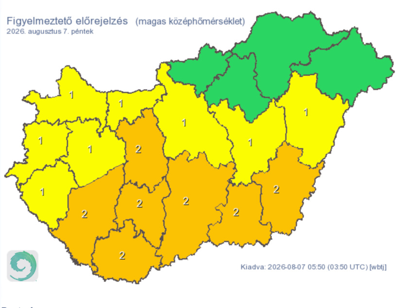 Az ország nyugati és déli részen még a magas hőmérséklet miatt van érvényben figyelmeztetés (Forrás: HungaroMet)