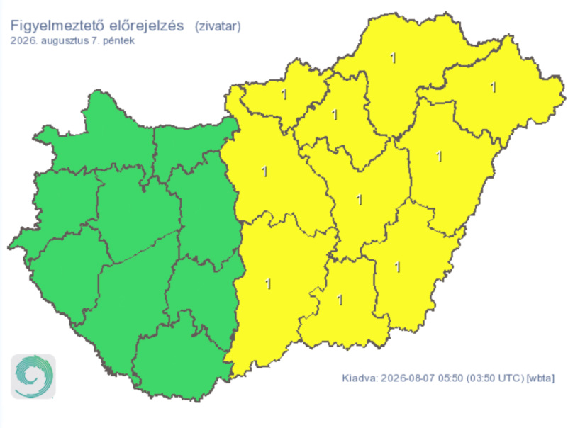 A keleti országrészben zivatarok is lehetnek (Forrás: HungaroMet)