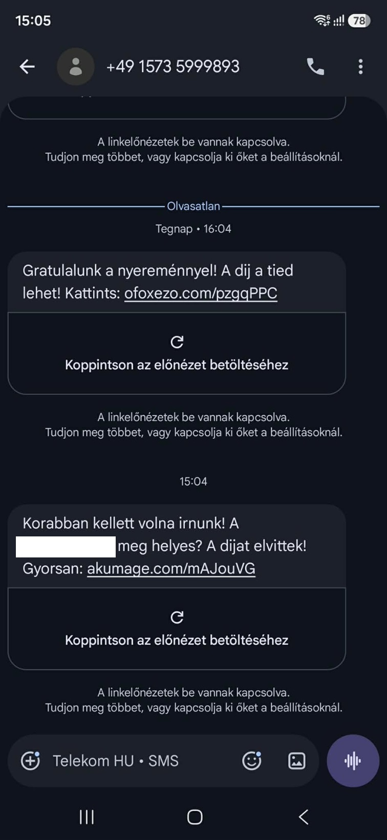 Vadiúj SMS csalás, német telefonszámról.