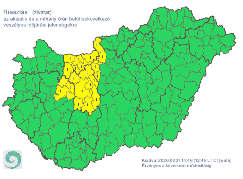 Több dunántúli és közép-magyarországi járásban elsőfokú riasztás van érvényben. (Forrás: HungaroMet)