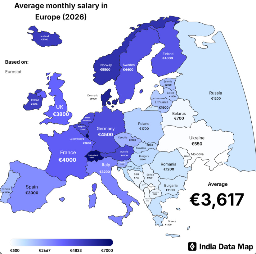 Átlagfizetések Európában 2026-ban. Forrás: India Data Map