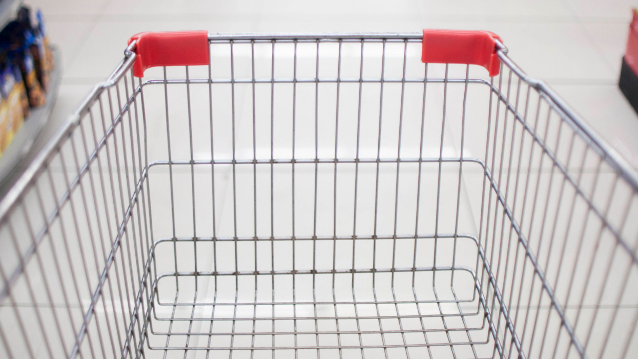 A personal point of view of shopping with a push cart in the grocery store