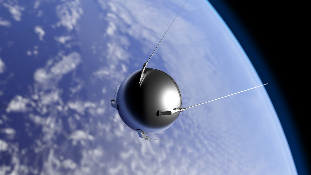 An illustration of the first artificial satellite Sputnik, launched by the Soviet Union in 1957, orbiting the Earth