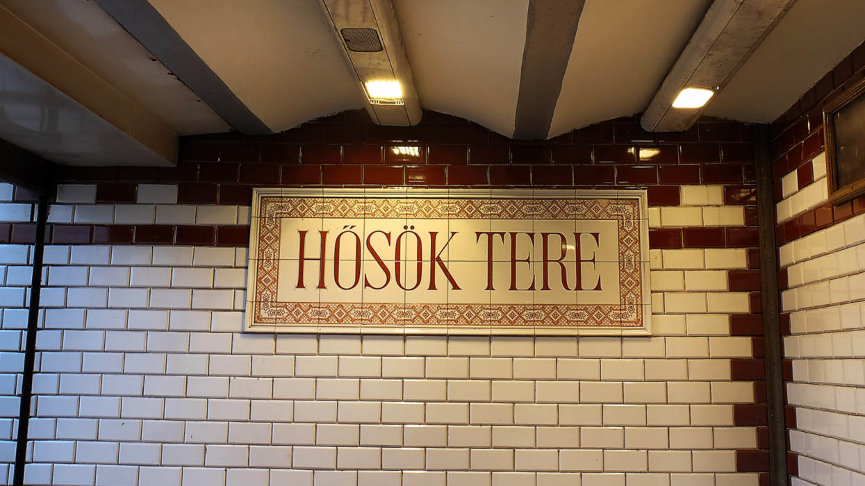 Underground sign of Hosok Tere station, part of the oldest Europes underground network