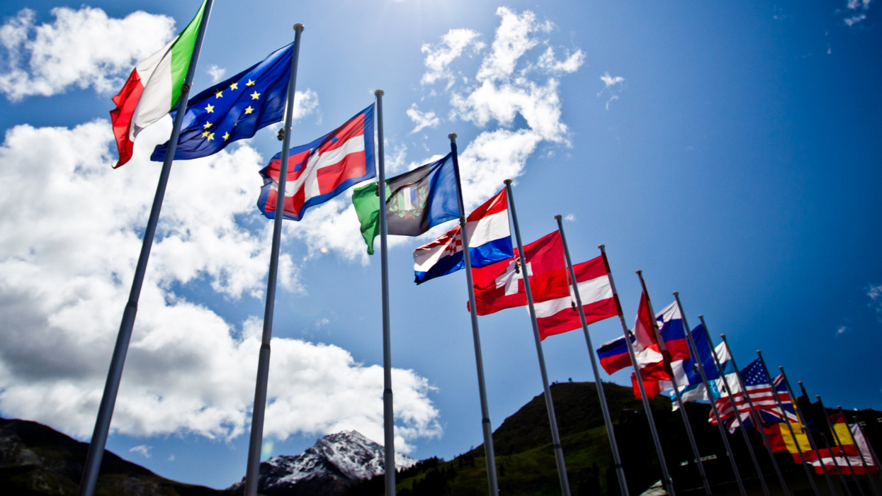 World flags blowing in wind.