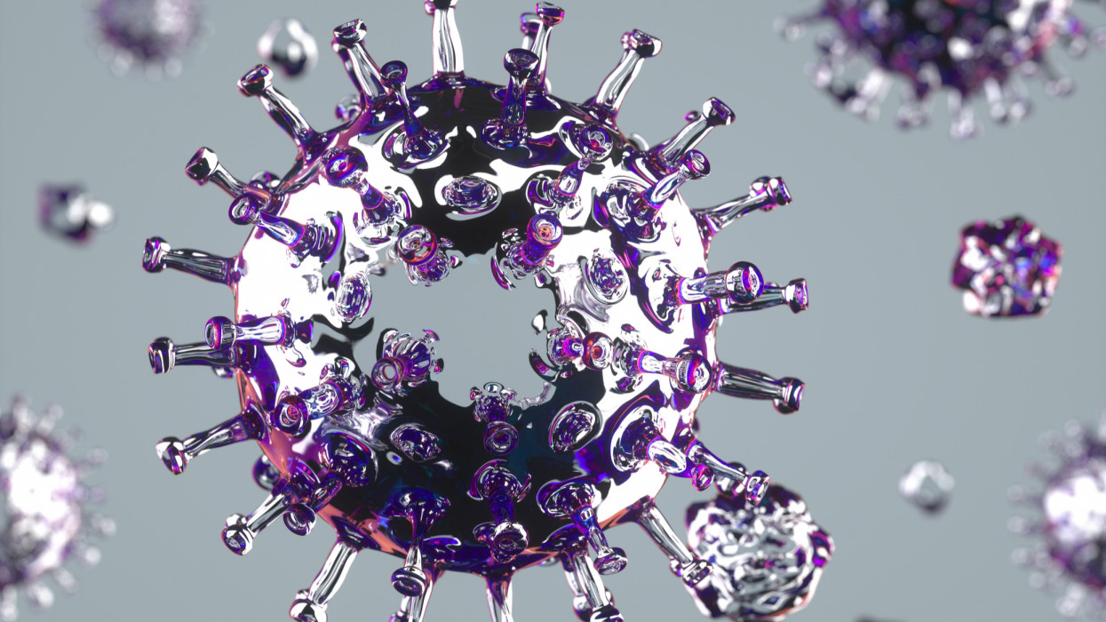 Digital generated image of  the corona virus from the 2020 made of glass on grey background.