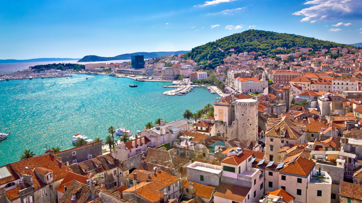 Split waterfront and Marjan hill aerial view, Dalmatia, Croatia