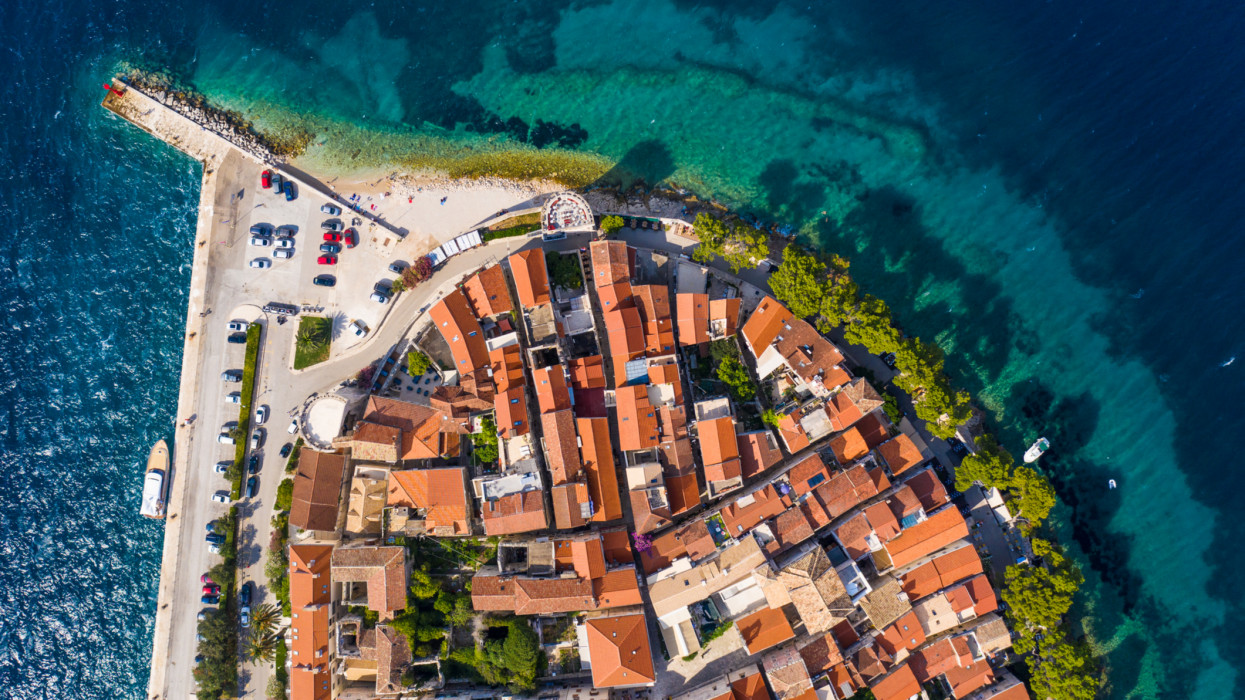 Top down view of the famous Korcula old town in Korcula island in Croatia in the Balkans