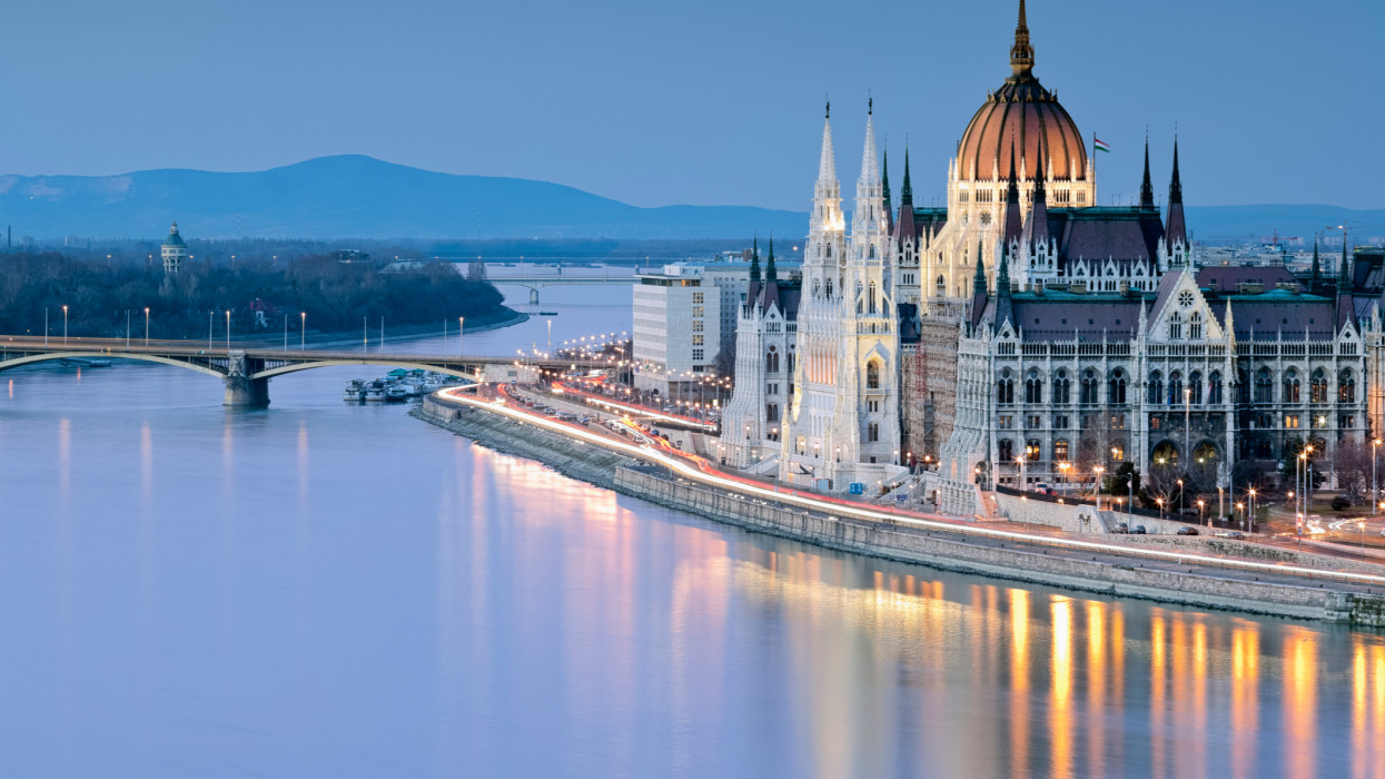 Budapest, Hungary, Europe. Parliament Building and the Danube River at dusk