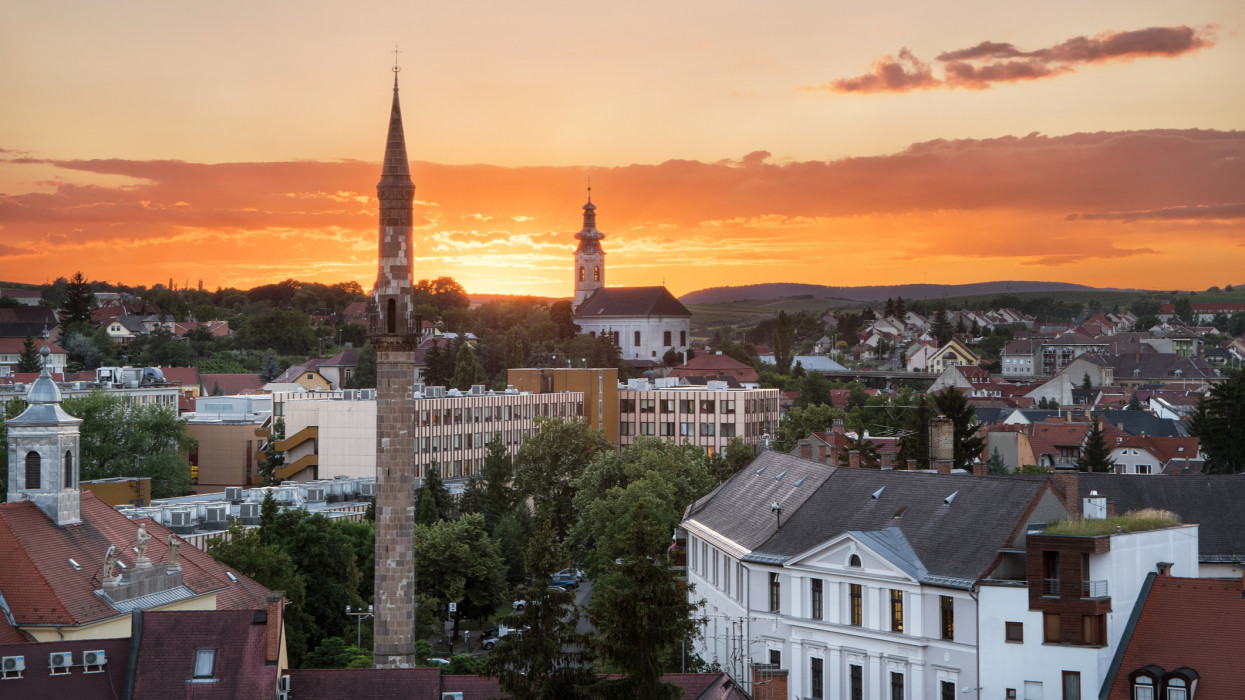 The Eger Minaret at sunset from the Castle of Eger in Hungary