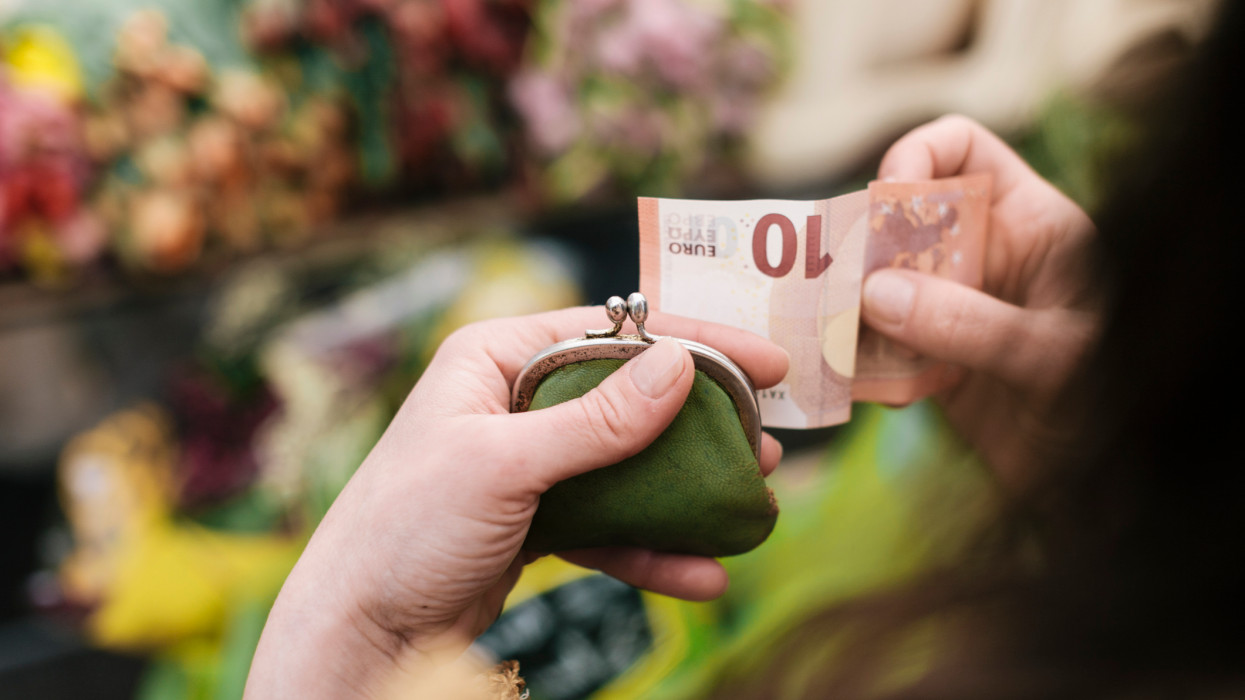 Close-up of woman paying for Flowers with a 10 Euro Bill at an outdoor Market.