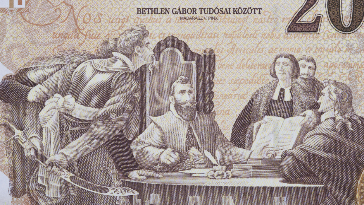 Prince G. Bethlen amongst scientists from Hungarian money - Forint