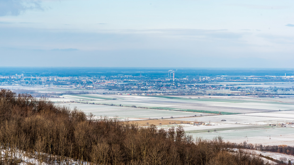 Distnat view of GyÅr, Hungary from the Lila Hill lookout tower in winter.