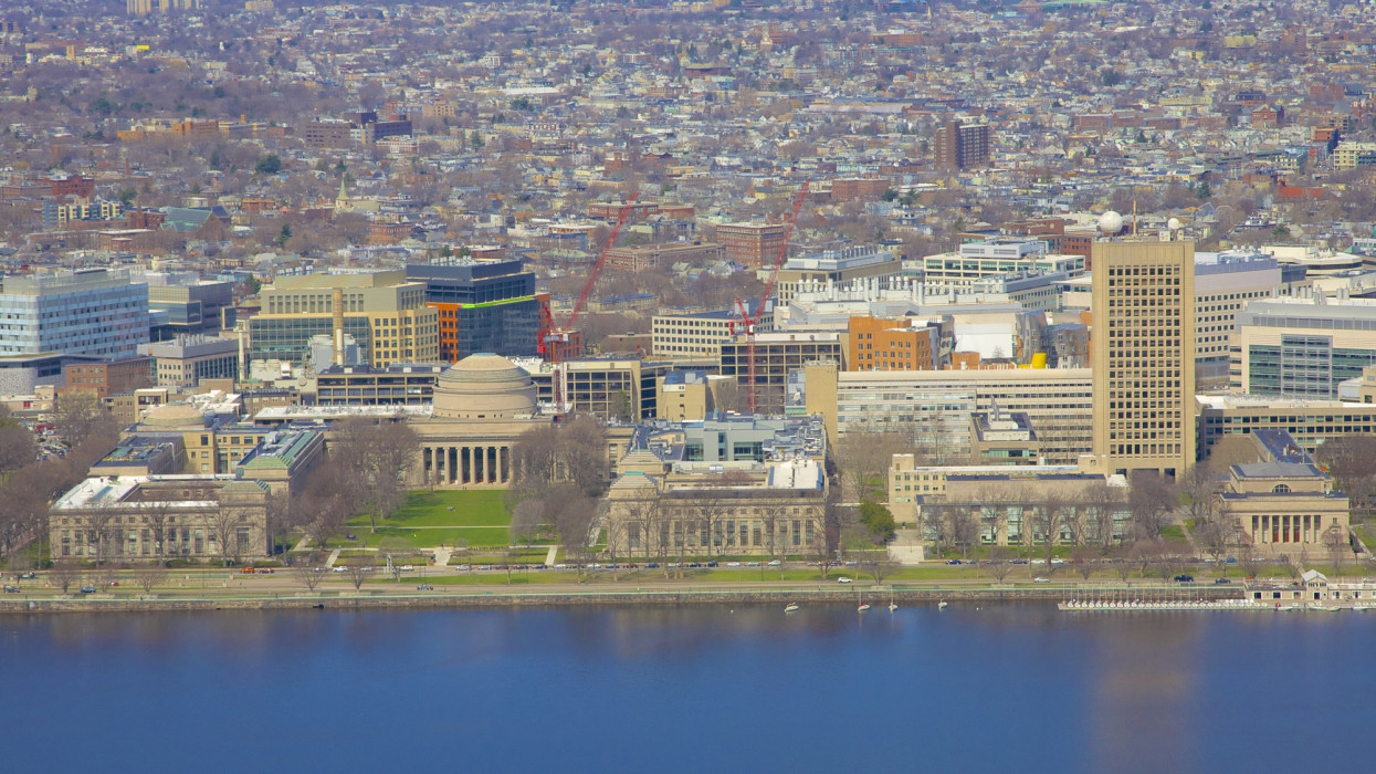 Cambridge, Massachusetts, with MIT and Charles River in foreground, seen from high up in Boston, Massachusetts, New England, USA.