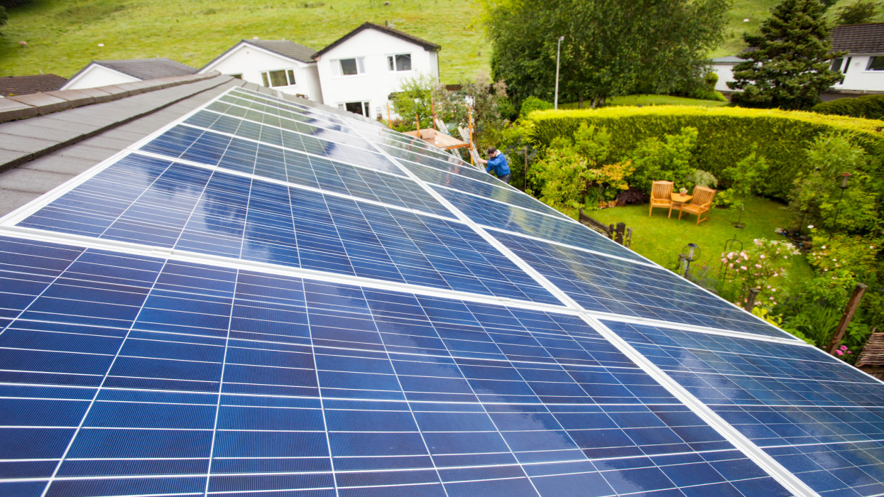 Solar panels on a house in Ambleside, Lake District, UK.