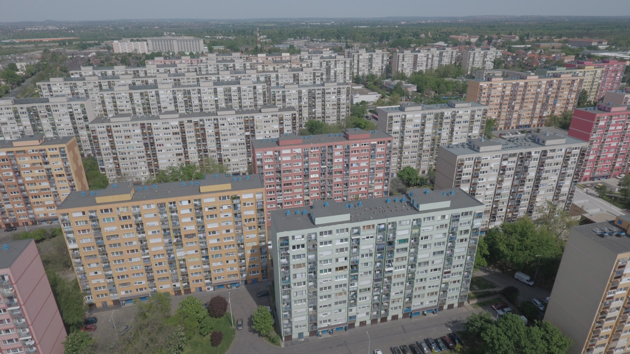 Budapest, Hungary, April 23, 2016: Aerial view of socialist era prefabricated panel blocks in Hungarian capital.