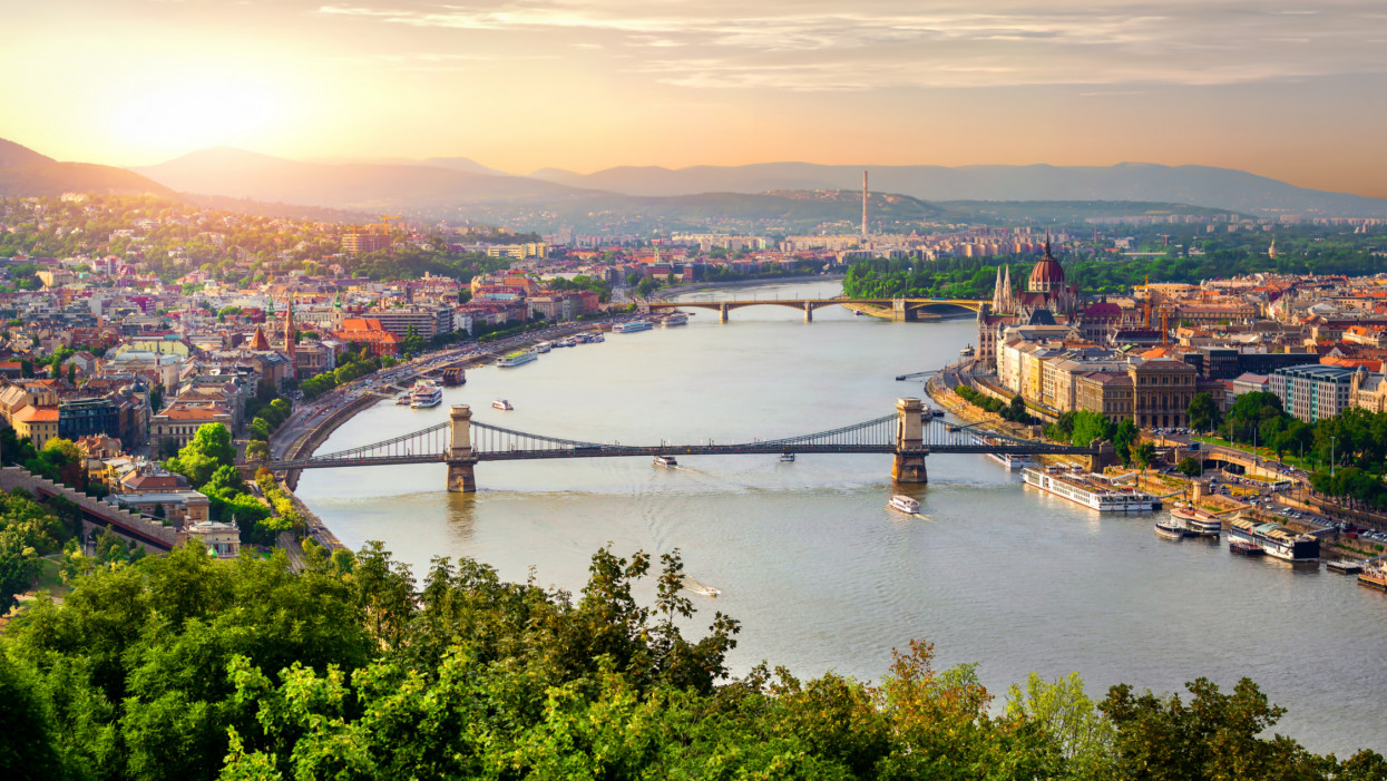 Panoramic view of summer Budapest at sunset
