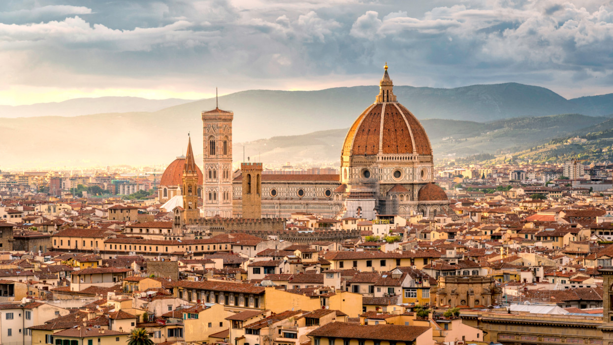 Beautiful sunset cityscape view of the Santa maria nouvelle Duomo and the town of Florence, in the Italian Tuscany.