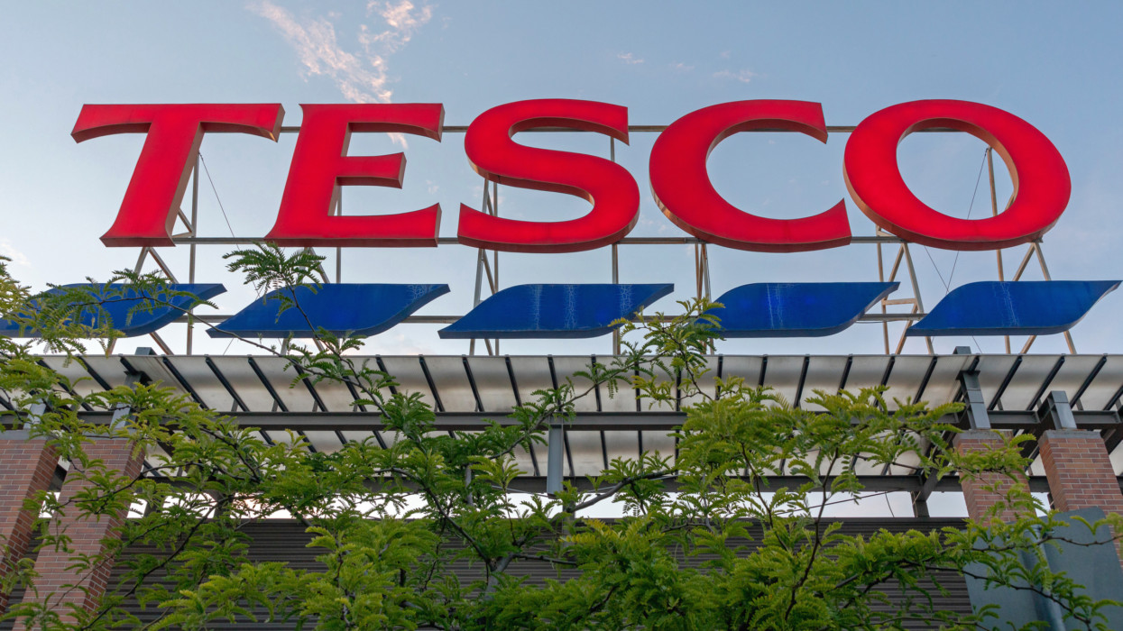 Szeged, Hungary - June 25, 2020: Big Red Sign Tesco at British Supermarket Store.