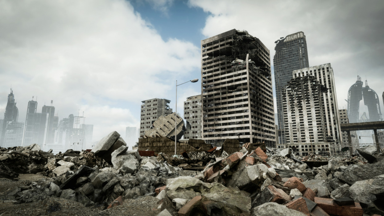 Digitally generated post apocalyptic scene depicting a desolate urban landscape with tall buildings in ruins and mostly cloudy sky.The scene was created in AutodeskÂ® 3ds Max 2022 with V-Ray 5 and rendered with photorealistic shaders and lighting in ChaosÂ® Vantage with some post-production added.
