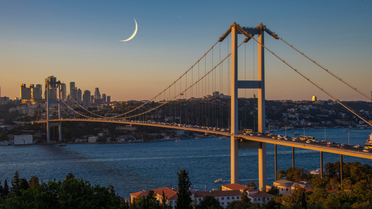 The first Bosphorus Bridge seen from the Asian side of Istanbul towards the European side spanning the Bosphorus and connecting two continents, Europe and Asia.