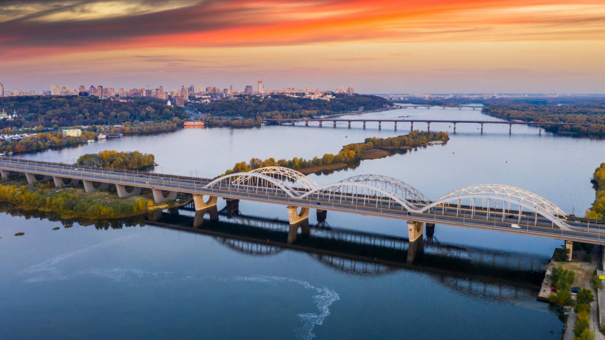 Road and railway bridge across the Dnieper river, Kiev, Ukraine